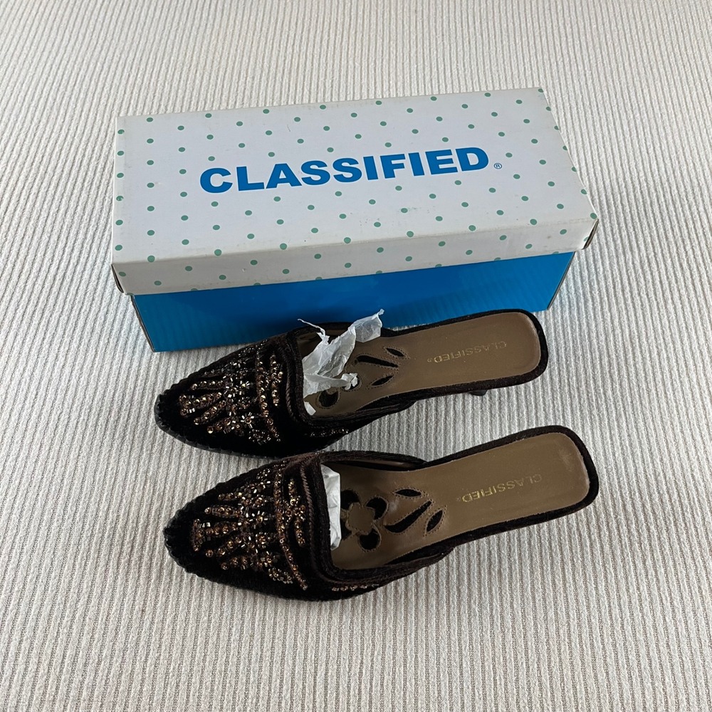 Classified Women's Brown Beaded Velour Mules Heels Shoes with Box Size 5.5